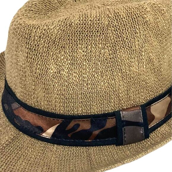 Tan woven jute fedora hat with camo hatband - Picture 3 of 12